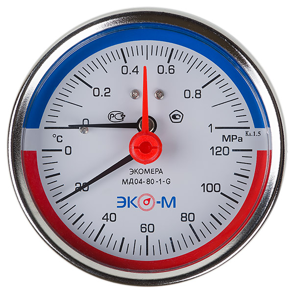 Термоманометр Экомера МД04-80мм 0..1МПа 0..120С G1/4 с переходником на G1/2 Осевой